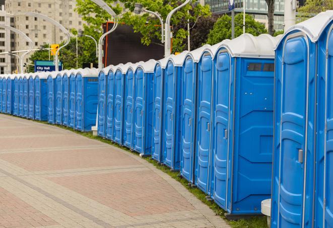 Seasonal porta potty units set up at a Lenexa, Kansas venue
